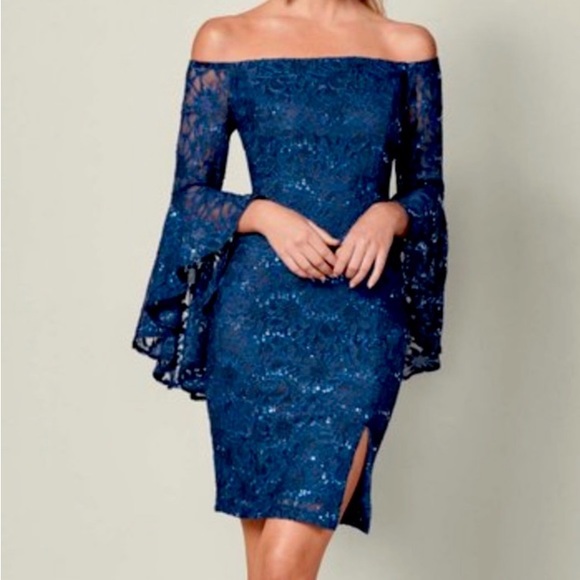 Off Shoulder Lace Sequined Sleeve Detail Dress - Picture 1 of 15